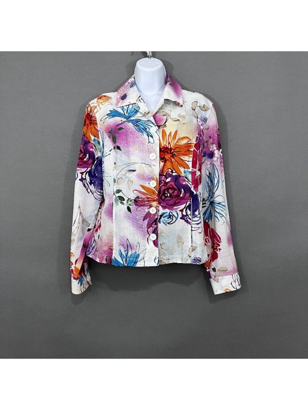Coldwater Creek Multicolor Floral Linen Blend Button Front Jacket